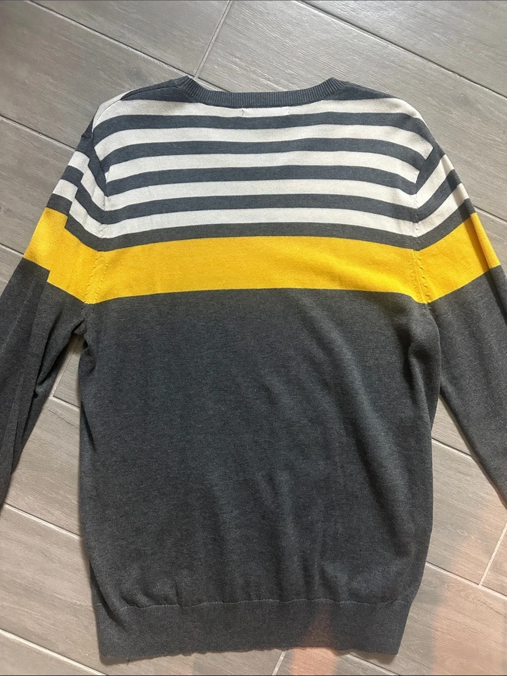 Banana Republic Men's Gray Crewneck Sweater with Yellow and White Stripes